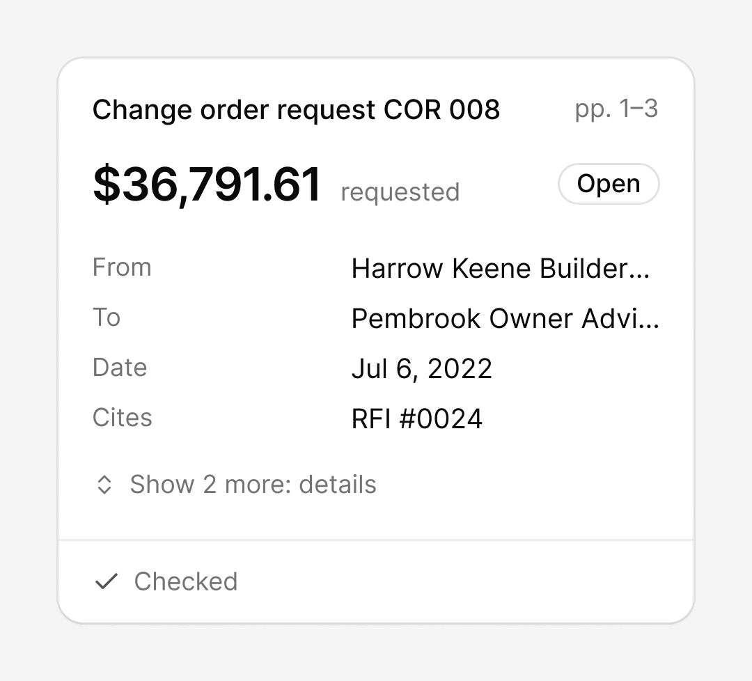 Extracted information from Adair Exchange Hotel change order request COR 008, including its requested amount, sender, recipient, date and cited RFI.