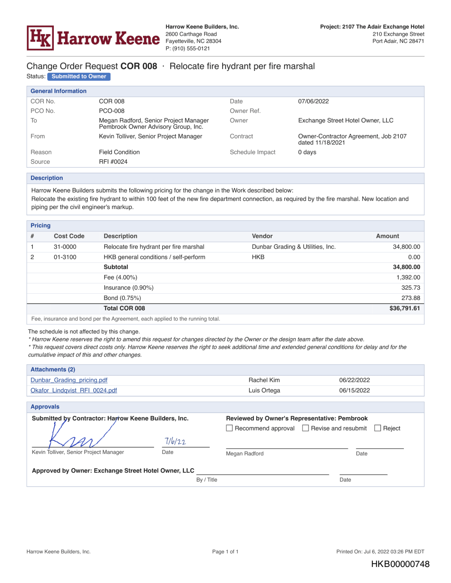 Page 1 of change order request COR 008 from Harrow Keene Builders to Pembrook Owner Advisory Group, dated July 6, 2022, citing RFI #0024, for $36,791.61.