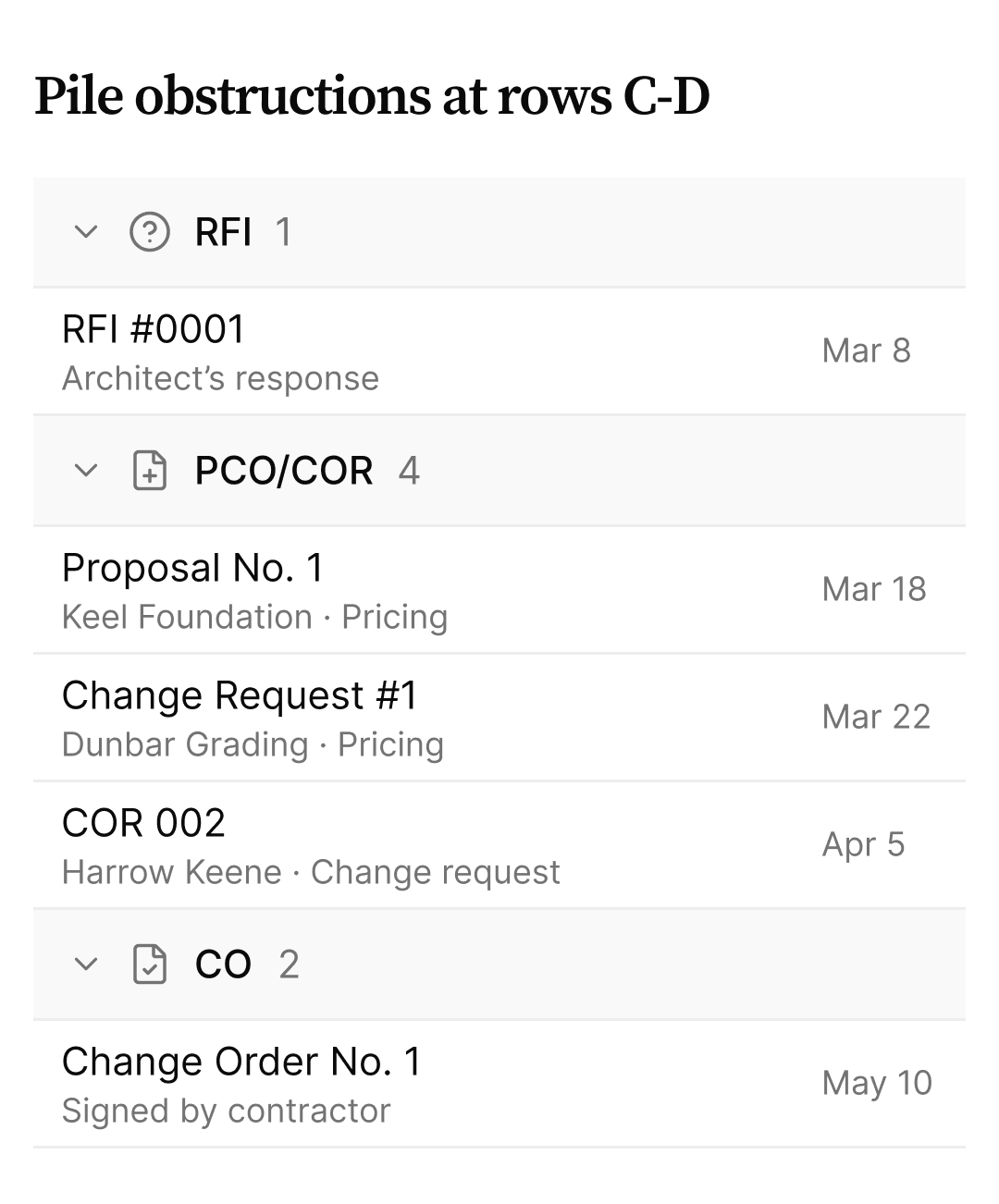 Related construction records collected into the Adair Exchange Hotel issue ‘Pile obstructions at rows C-D’, including RFI #0001 and subcontractor pricing.
